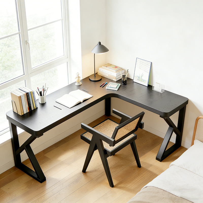 Modern Minimalist Black L-Shaped Corner Desk with Stable X-Shaped Leg Design, Suitable for Home Office and Study, Integrated Computer Desk