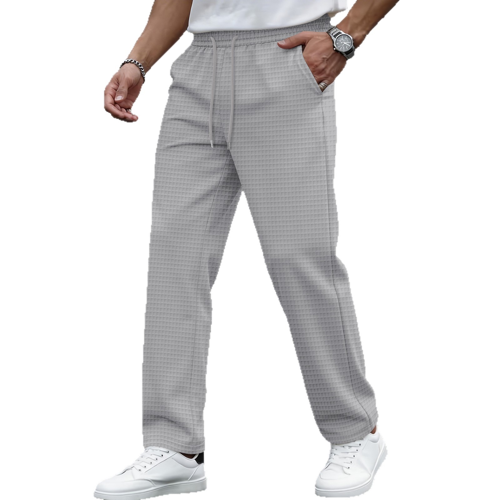 Men's Large Checkered Casual Sportswear Trousers Belted Waist Wide Leg Midweight Polyester Long Pants Black Gray Solid Color_viptrois.com