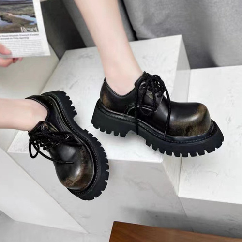 Unisex Mickey Big-Head Derby Shoes in British Style: Chunky Sole Lace-Up Leather Shoes with Round Toes and Thick Heels—Made from Genuine Leather Loafers