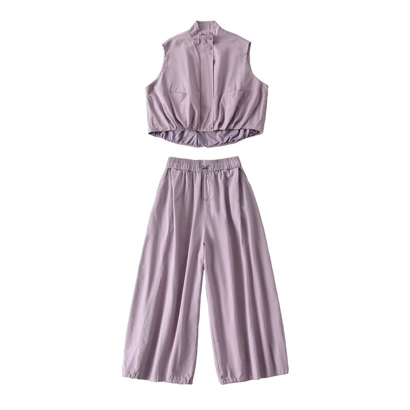 This Year's Popular Purple Sleeveless Vest Jacket Wide-Leg Cargo Pants Suit Women's Early Autumn 2025 New Style