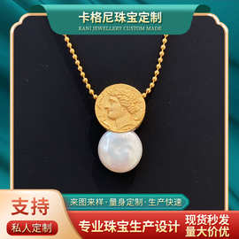 卡格尼古币水泽仙女纽扣珍珠项链S925纯银镀真金圆珠抽拉调节项链