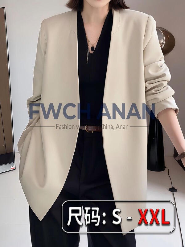 Stylish silhouette collarless blazer, new spring coat for women, high-end loose-fitting suit top, plus size for plus-size women with shoulder pads