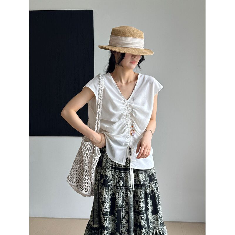 Then Korean Style Elegant Simple Lyocell Pleated Shirt Women's Tight Waist Lace-up Slim Fit Sleeve Top X5160