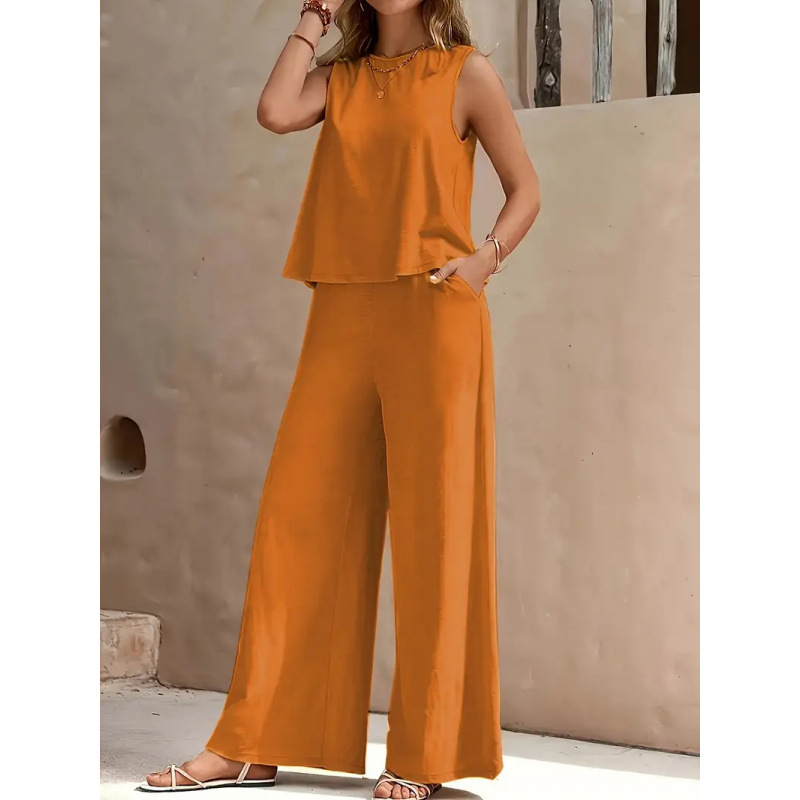 2025 Amazon European and American Cross-Border Popular Solid Color Elegant Two-Piece Round Neck Vest and Wide-Leg Pants Suit for Women