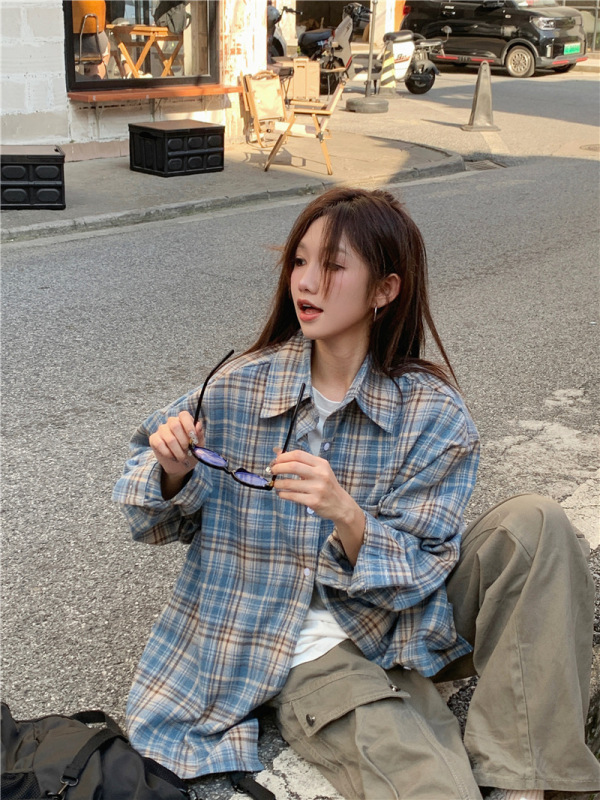 韓国版の新型のゆったりした長袖の格子のシャツの婦人服の春と秋のカジュアルな怠惰なシャツの上着の女性の上着|undefined