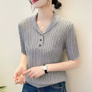 复古翻领显瘦针织衫短袖休闲百搭夏季新款老钱风t恤女上衣打底衫