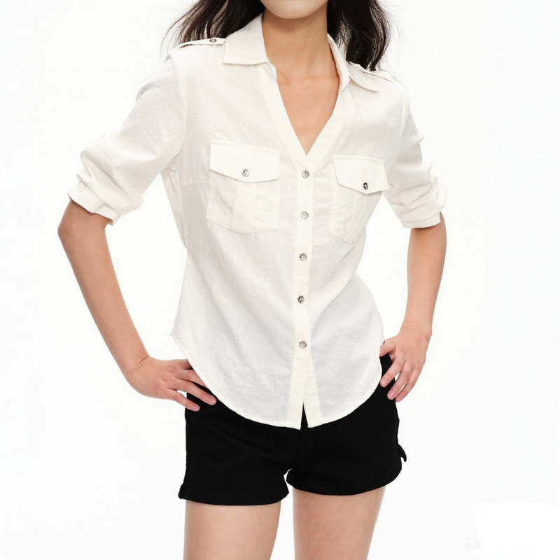 Tencel Linen White V-Neck Three-Quarter Sleeve Shirt for Women, Old Money Style, Loose Casual Waist-Cinching Shirt