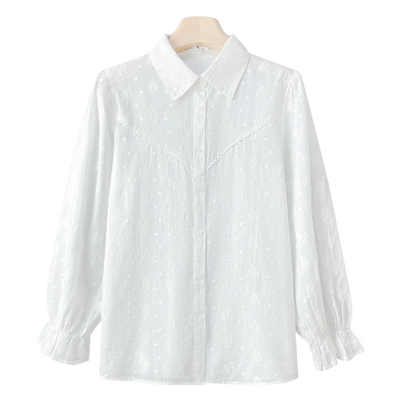 Camisa blanca de algodón bordada para mujer, manga larga, nuevo estilo primavera 2026, top bordado de algodón puro, camisa de mujer de alta gama.
