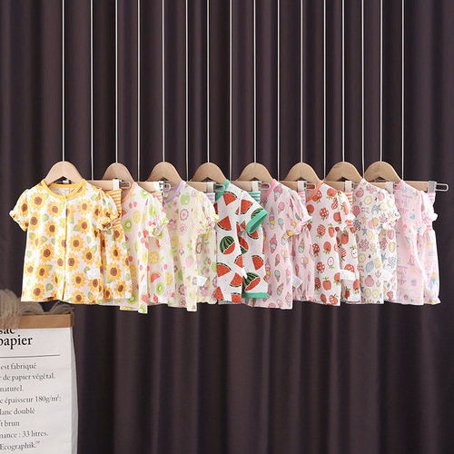 Distribution of bamboo breathable sweat-absorbent boys and girls short-sleeved high-waisted belly-protecting shorts pajamas home outing set