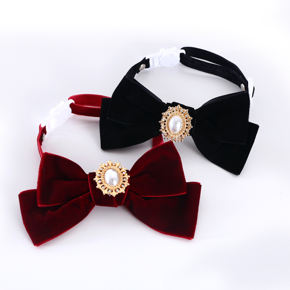 Perros de mascotas muñecas gatos seda arco perlas taladro retro anti-asfixia collar corbata accesorios de fiesta cumpleaños