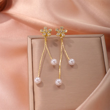 韩版可拆微镶锆石花朵耳环长款气质淑女珍珠甜美可爱耳钉批发小众