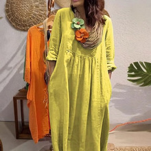 2025欧美跨境外贸亚马逊独立站女士V领休闲纯色棉麻口袋连衣裙