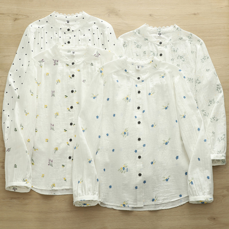 2026 Spring Collection Stand Collar Lace Trim Polka Dot Lavender Women's Cardigan Long Sleeve Shirt Double Layer Gauze Top 2026 Spring Collection Stand Collar Lace Trim Polka Dot Lavender Women's Cardigan Long Sleeve Shirt Double Layer Gauze Top