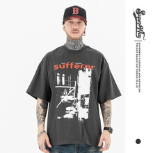 澜海男装2025春夏季新品潮牌美式复古创意印花水洗做旧短袖T恤男