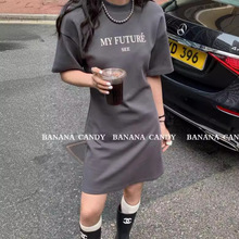 韩系休闲字母印花圆领短袖T裙一收腰显瘦连衣裙女太空棉N396春季
