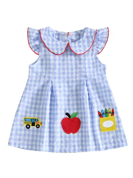 Cross-Border Back-To-School Season Girls' Dresses, Summer Stylish Apple Embroidery Flutter-Sleeve Dresses, Cute and Sweet Plaid Children's Dresses