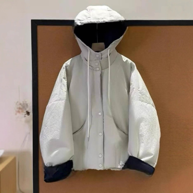 European Fashion Color-Block Hooded Short Cotton Jacket for Women 2025 Autumn and Winter New Korean Version Loose Versatile Top