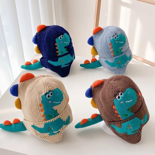 Small Dinosaur Cartoon Autumn Winter Children Knitted Warm Hat Ear Hat for Boys Baby Knitting Hat for Girls Windproof Hat