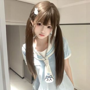 Fake hair female black long straight Lolita cute sister Shaoluo Qi bangs 70cm straight hair can be tied with double ponytail jk full head cover