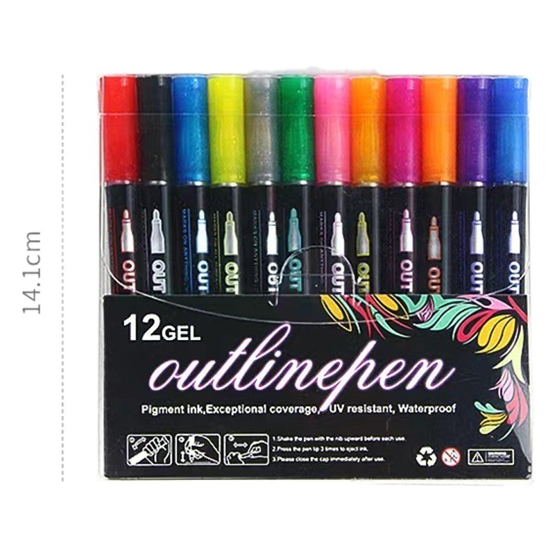 Contorno pluma doble línea esquema pluma metal flash pluma traje marca pluma diario pluma resaltar pluma cepillo al por mayor