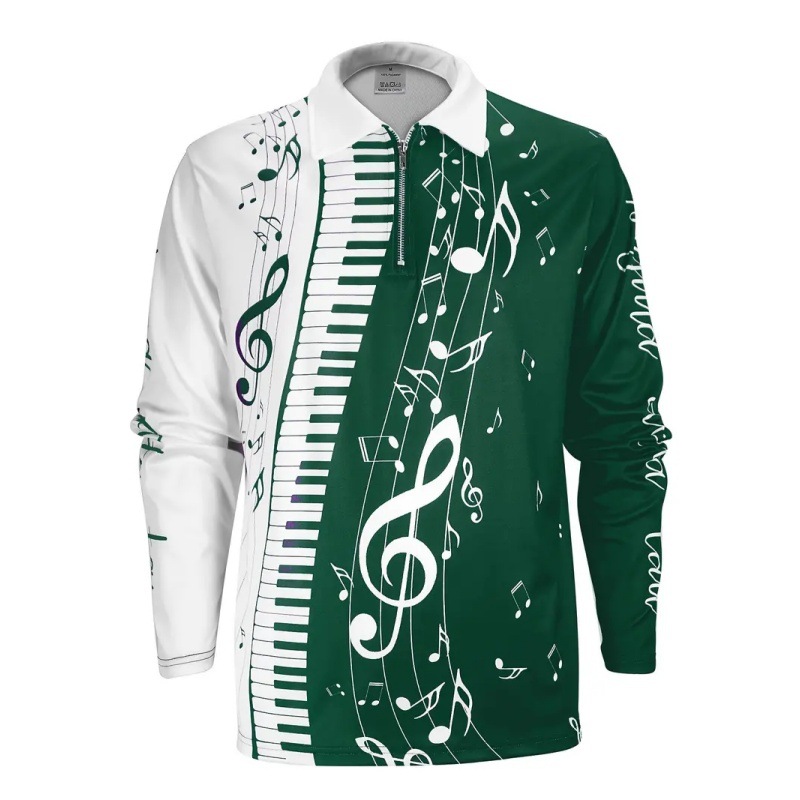 Venta caliente arte piano nota 3D impresión primavera y otoño hombre manga larga solapa suelta hombro cremallera camisa POLO