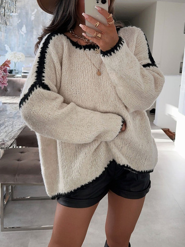 Autumn and winter new patchwork women's sweater, European and American style, round neck, casual, loose-fitting, knitted, warm pullover.