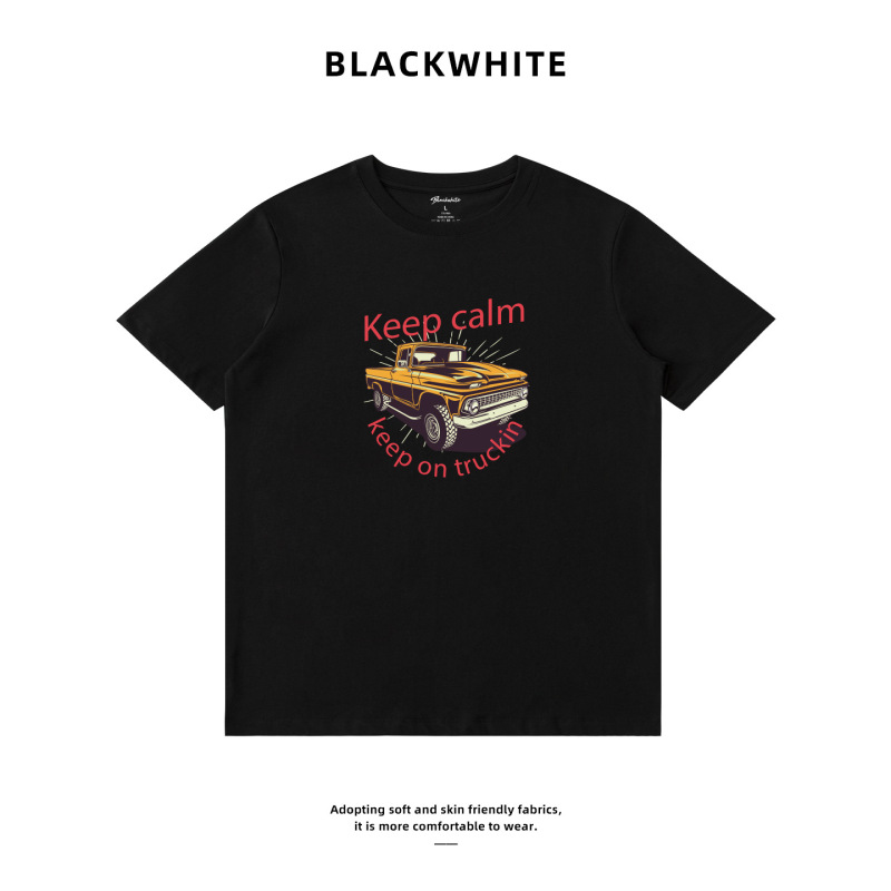 Retro Motorcycle Vintage Pickup Truck Print T-Shirt Summer Breathable and Comfortable Couple Style Round Neck Short-Sleeved Bottoming Shirt Q682