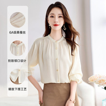 真丝女装工厂原创圆领灯笼袖真丝泡泡皱衬衣100%桑蚕丝衬衫女9752