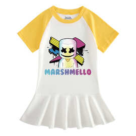 2023夏季Marshmello DJ棉花糖半袖女童连衣裙棉质百褶公主裙子潮