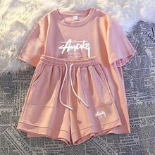 夏季新款韩系休闲运动服套装女夏宽松显瘦大码时尚短袖短裤两件套