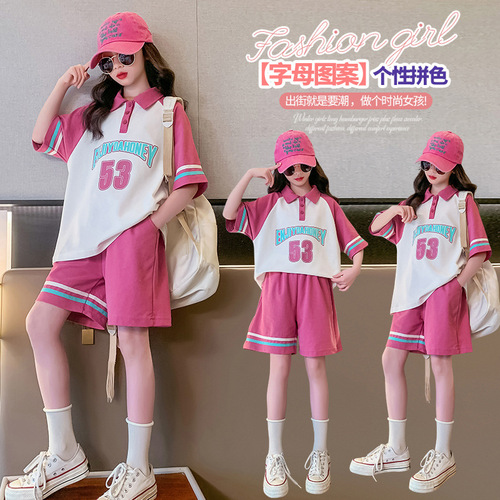 Girls Summer Polo Shirt Lapel Set  New Medium and Large Children's Style Loose Splicing Sports Two-piece Trendy Set