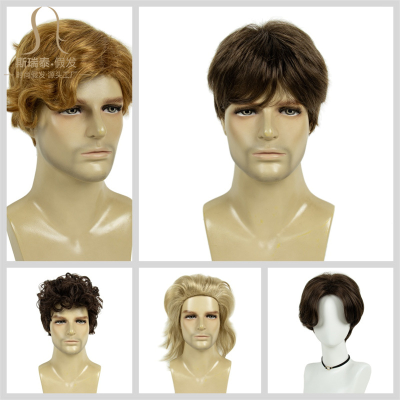 Guangzhou Export Export Specializes in European and American Men's Wigs Full Headgear Dark Brown Carnicane Low Temperature Flame Retardant Wigs