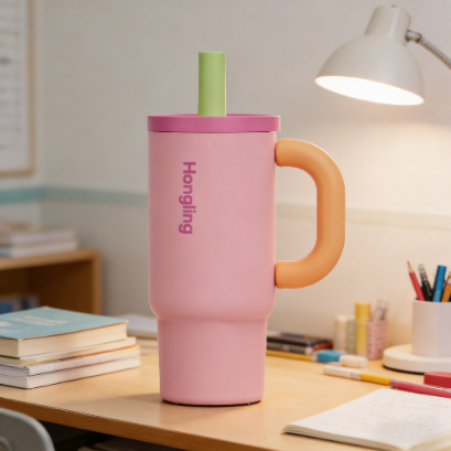 Gobelet isotherme en acier inoxydable avec anse et paille coloré_voghion.com
