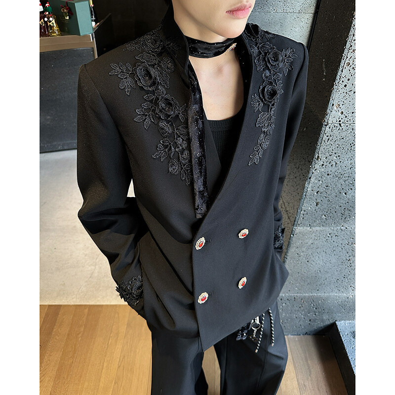 High-End Niche Design Gemstone Button Tie Short Collarless Suit Jacket High-End Accessible Luxury Men's Clothing