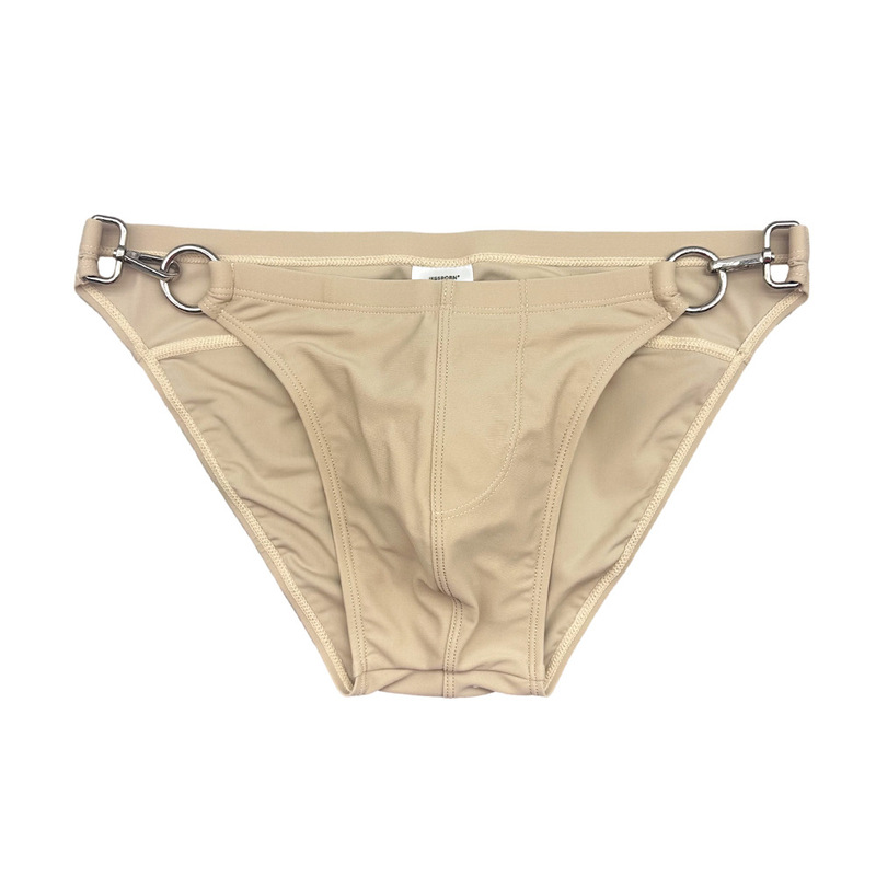 Jessborn Bilateral Metal Buckle Men's Side Slit Briefs Pure Color Nylon Hot Spring Low Waist Sexy Swimming Trunks
