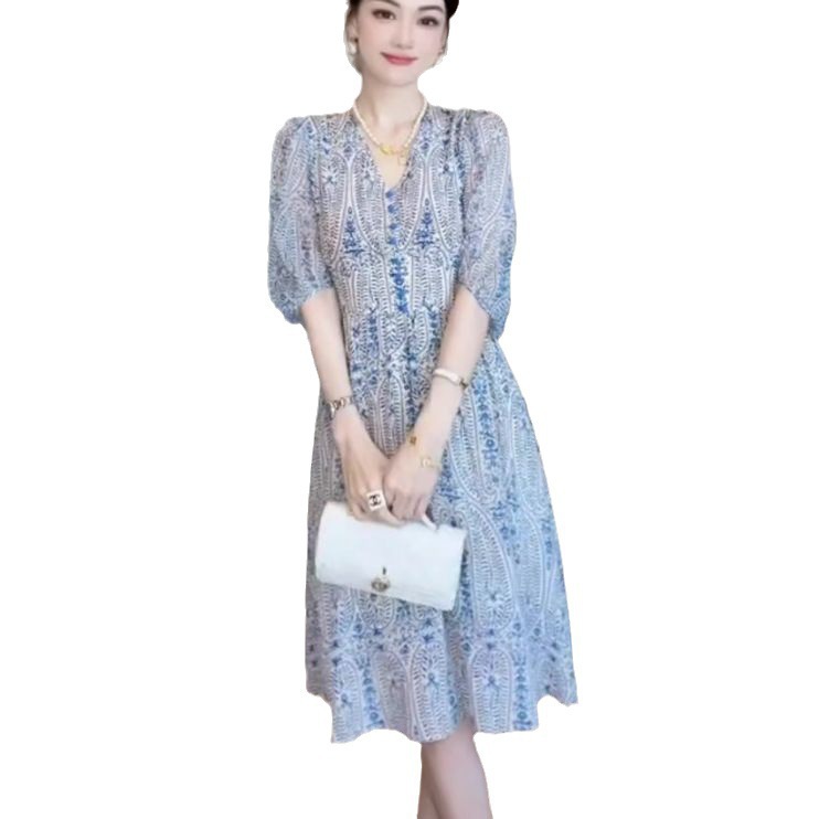 Đầm maxi nữ thắt eo cổ V tay phồng họa tiết hoa voan phong cách Pháp — Màu xanh lam