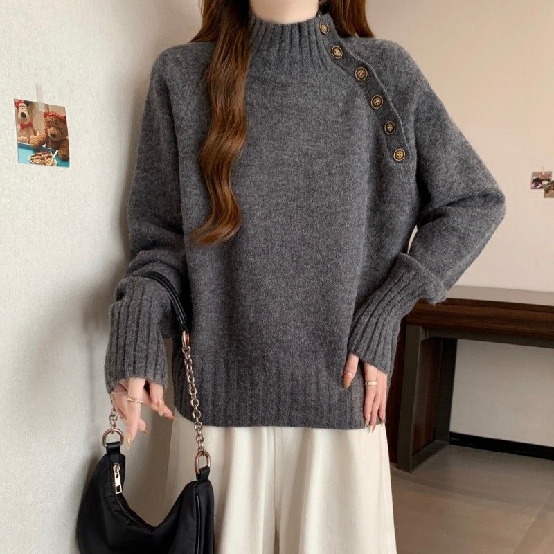 Autumn and Winter New Half Turtleneck Gray Knitwear Korean Style Loose Lazy Style Pullover Knitwear Top Versatile Bottoming Shirt