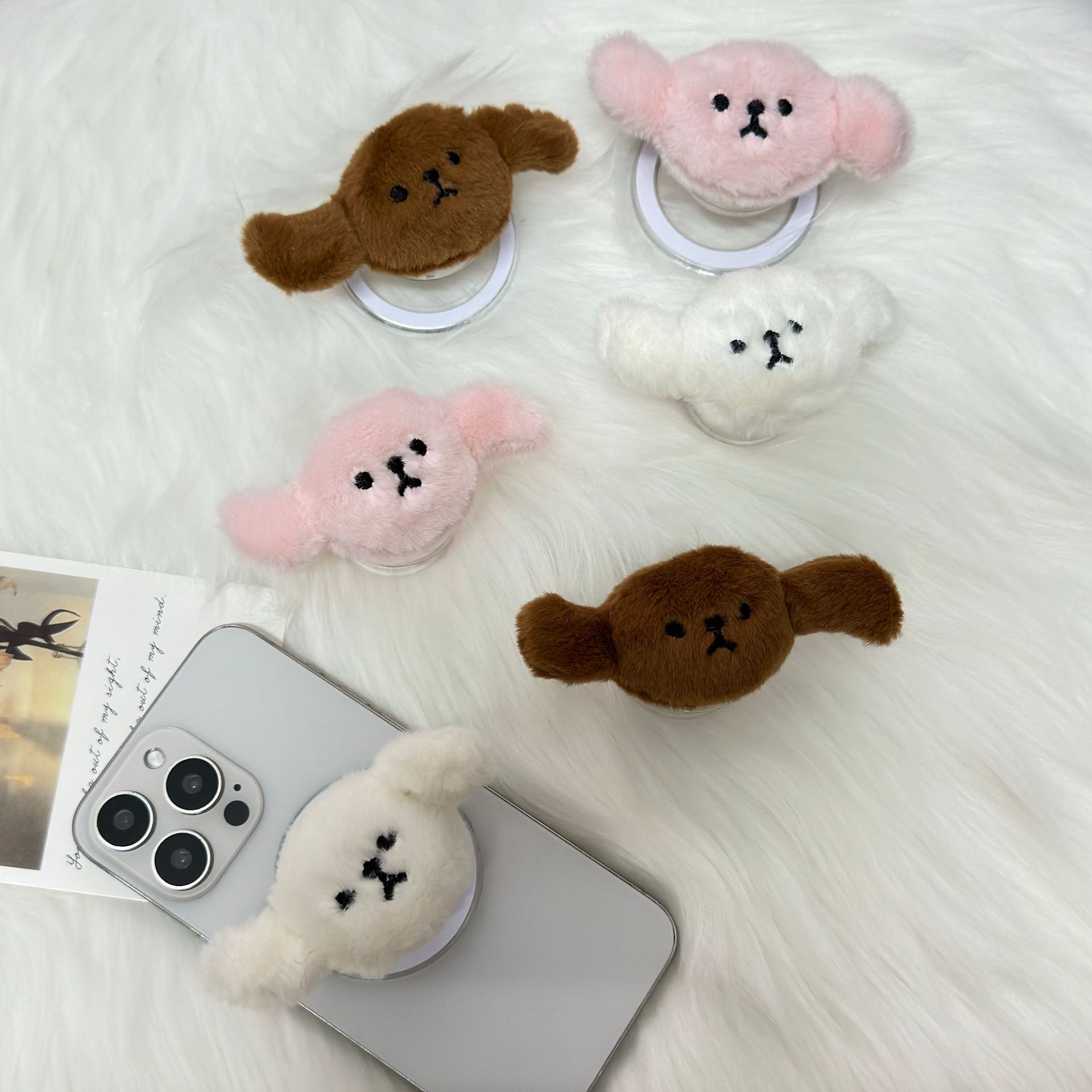 Plush Cute Puppy Phone Airbag Magnetic Stand Korean Ins Style Ring Retractable Lazy Desktop Watching Drama_voghion.com