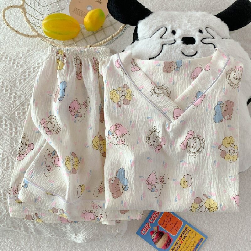 Al por mayor transfronterizo nuevo pijama dulce de verano nubes de algodón impresión de dibujos animados de cuello V hoodie set de ropa para el hogar