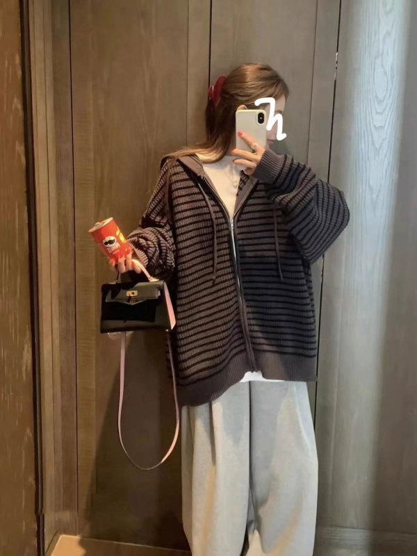 秋季新款条纹毛衣外套慵懒风宽松大版设计感连帽拉链针织开衫女|undefined