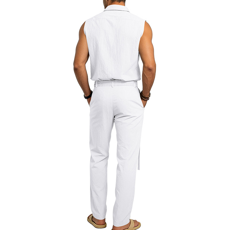 Men's Linen Blend Short Sleeve Shirt And Pants Set Breathable Casual Summer Outfit Comfortable Relaxed Fit_viptrois.com