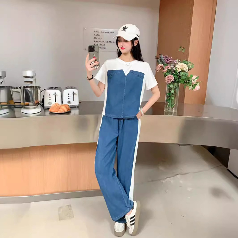 Denim Suit for Women in Summer, Designer-Style Patchwork Shirt, High-Waisted Straight-Leg Wide-Leg Pants, Two-Piece Set, High-End Summer Outfit