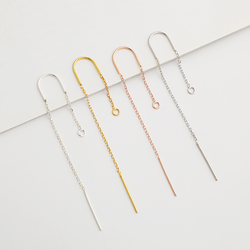 S925純銀電鍍金U字形耳線DIY手工十字鏈耳鈎鏈條銀飾耳飾耳環配件