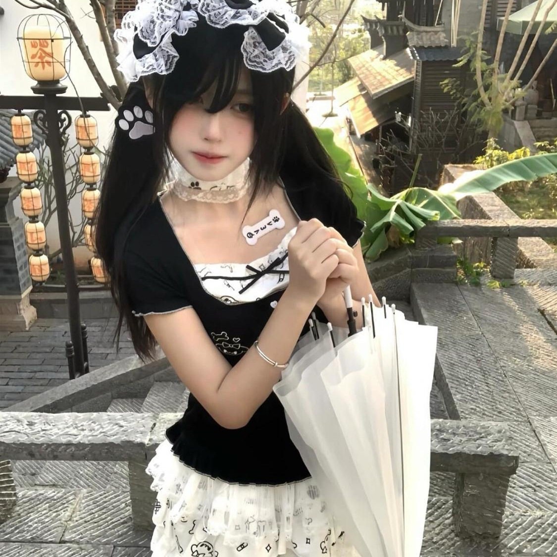 夏季y2k学院风套装裙可爱拼接假两件黑色上衣蓬蓬蛋糕裙两件套女