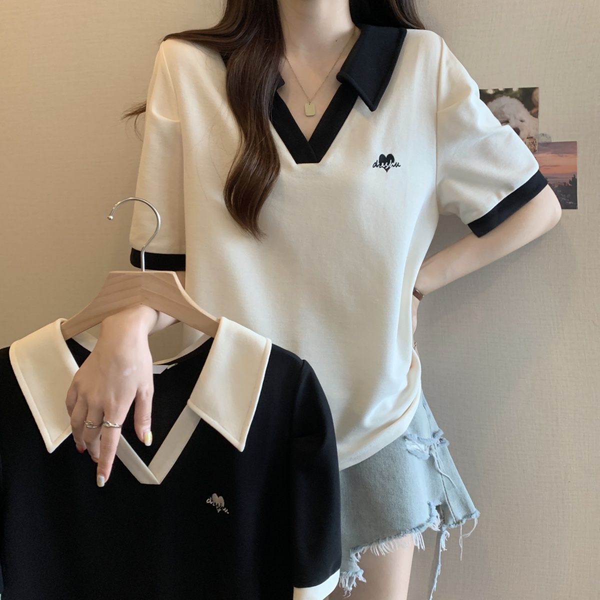 Plus Size Women's Clothing Covers the Belly and Looks Slimming Look Polo Collar Contrasting Short-Sleeved T-Shirt Summer Fat mm Age-Reducing Casual Right Shoulder Top