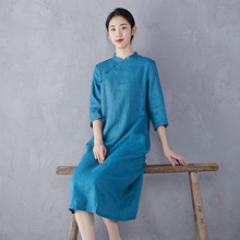 重磅亚麻旗袍洗水七分袖改良品牌藏青色孔雀蓝色春夏中式知性女