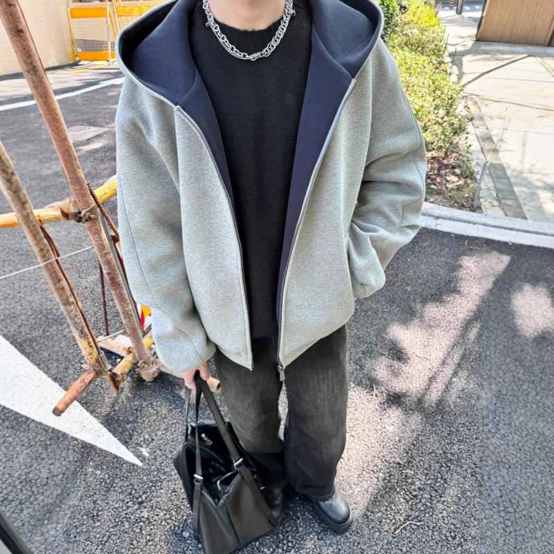 双拉链开衫卫衣男款春秋高级感廓形美式高街重磅硬挺潮牌连帽外套|undefined