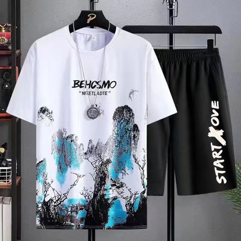 Camisa de manga corta pantalones cortos traje de estilo coreano más tamaño moda de tinta de moda pintura estilo nacional personalizado Comercio exterior Suministro Superior