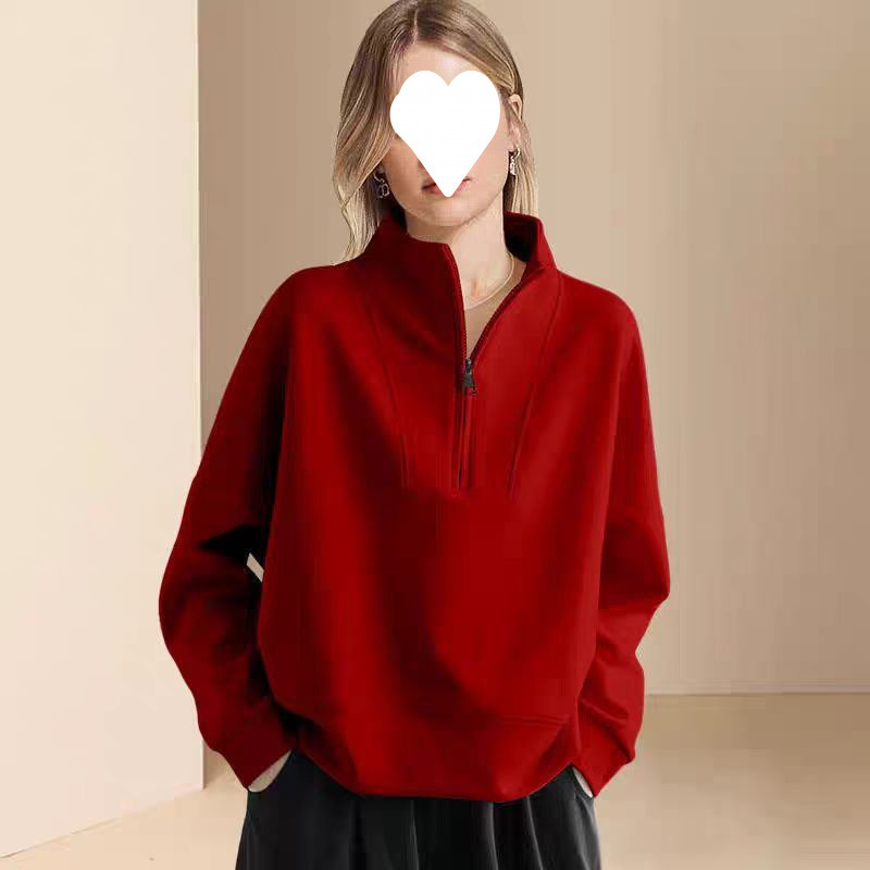 轻奢红色半拉链卫衣女2025春季新款时尚洋气宽松显瘦百搭休闲上衣|undefined
