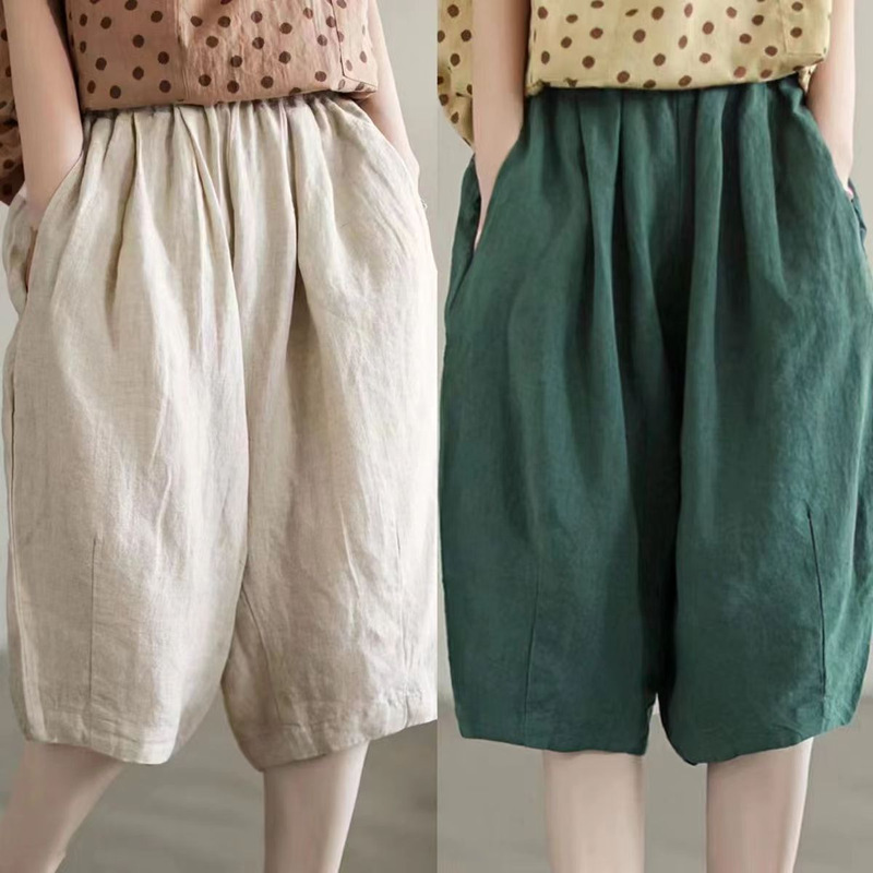 Casual plus size Cotton and Linen Five-point Pants Women's 2024 Autumn and Summer New Loose Slimming Solid Color Spring Waist Haren Pants Casual plus size Cotton and Linen Five-point Pants Women's 2024 Autumn and Summer New Loose Slimming Solid Color Spring Waist Haren Pants